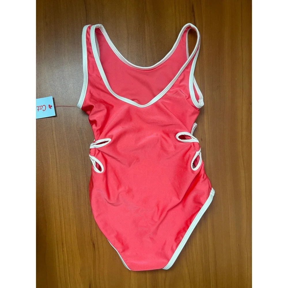 Cat & Jack Girls Coral Pink One Piece Swimsuit White Trim Cutouts Size 6/7 Small